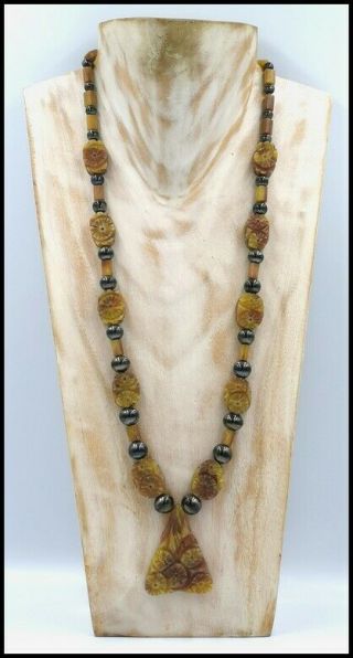 Rare Vintage Art Deco Hand Carved Galalith And Hematite Color Glass Necklace