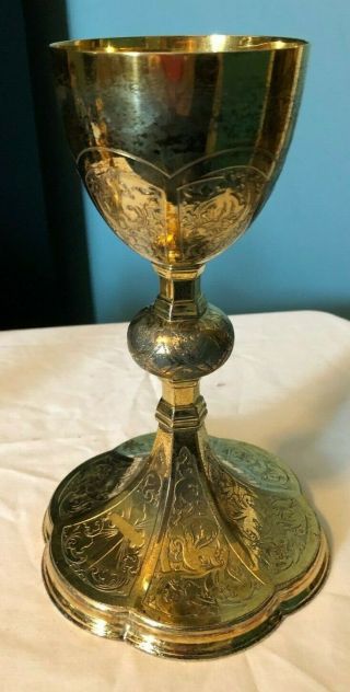 Gorgeous Antique Gothic Catholic Church Altar Sterling Silver Engraved Chalice