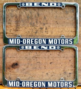 Set 2 Vtg Metal Dealer License Plate Frame Bend Mid - Oregon Motors Volkswagen Vw