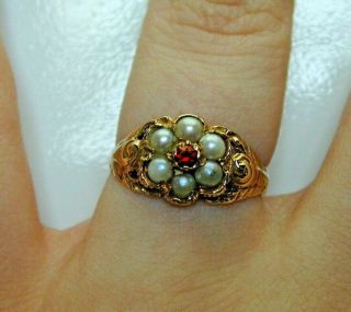 Vintage Seed Pearl Garnet & 9 Ct Yellow Gold Flower Ring 2g 1968 Size L 1/2