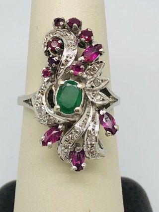Vintage 14k White Gold Emerald,  Ruby,  And Diamond Cocktail Ring