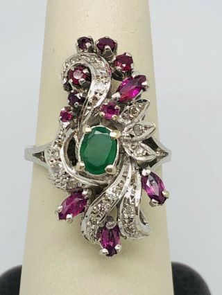Vintage 14k White Gold Emerald,  Ruby,  And Diamond Cocktail Ring 2