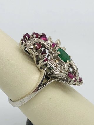 Vintage 14k White Gold Emerald,  Ruby,  And Diamond Cocktail Ring 3