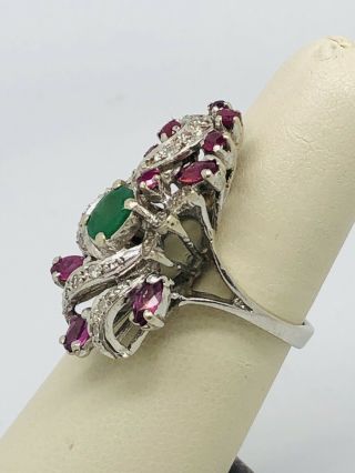 Vintage 14k White Gold Emerald,  Ruby,  And Diamond Cocktail Ring 4
