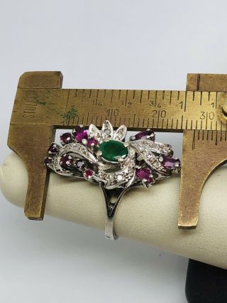 Vintage 14k White Gold Emerald,  Ruby,  And Diamond Cocktail Ring 5