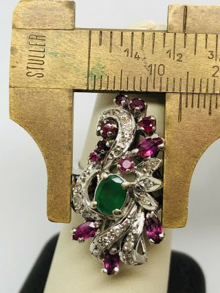 Vintage 14k White Gold Emerald,  Ruby,  And Diamond Cocktail Ring 6