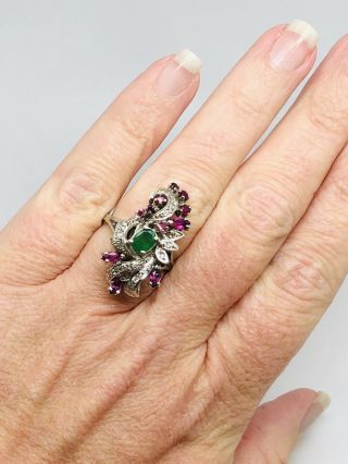 Vintage 14k White Gold Emerald,  Ruby,  And Diamond Cocktail Ring 7