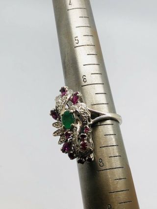 Vintage 14k White Gold Emerald,  Ruby,  And Diamond Cocktail Ring 8