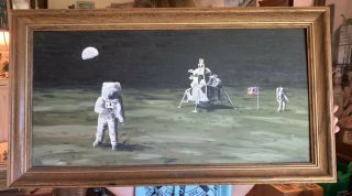 Vintage Oil Painting Apollo 11 1969 Space Moon Walk Signed R Ainai Ooak