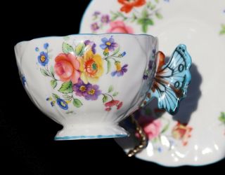 Vtg Aynsley Cup & Saucer W/ Blue Butterfly Handle Floral Cabbage Roses Vgc