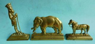 3 Antique Brass Fireside Ornaments Elephant,  Plough Horse & Ships Captain
