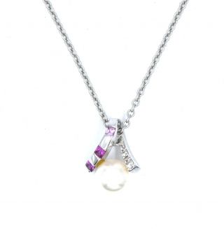 Vintage Mikimoto Pearl Diamond Pink Sapphire Pendant Necklace 18k White Gold