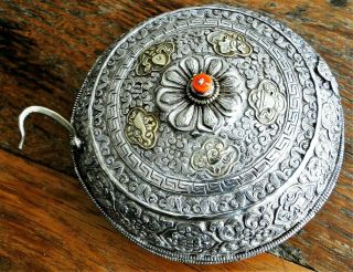 Antique Finely Chased Chinese Tibetan Solid Silver & Gilt Mandala Box Qing 1880