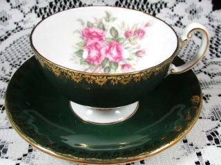 Aynsley Pink Roses Fancy Gold Designs Forest Green Oban Tea Cup & Saucer
