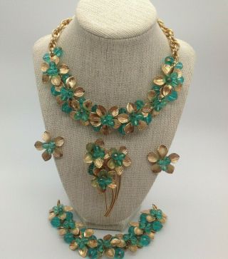 Vintage Napier Necklace Bracelet Brooch Earrings Gold Leaf Green Beads