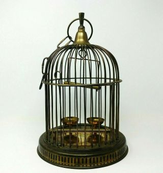Vintage Mid Century Brass Bird Cage Hanging Or Table - Top Water Food Bowls Swing