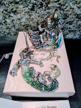 KIRKS FOLLY RIPTIDE MERMAN/MERMAID CUFF & PIN/PENDANT SET NWT ANT SILVER TONE 5