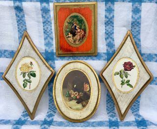 4 Vintage Italy Gilt Florentine Wood Toleware Wall Plaques Art Prints Flowers