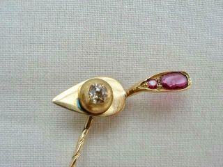 Fine Victorian High Carat Gold Diamond & Ruby Set Trowel Form Stick Pin.