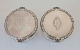 Pair Sterling Silver Etched Glass Dresser Powder Vanity Jars 2 " T X 2.  5 " W