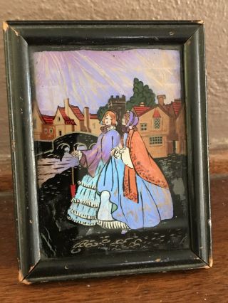 Antique Vintage Reversed Painted Butterfly Wing Picture Of Crinoline Women