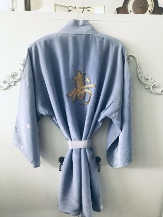 Vintage Japanese Silk Kimono Short Robe With Gold Kanji Motif Embroidered Blue