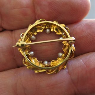 14K Yellow Gold Christmas Wreath Brooch with Red Green Holly & Pearls 4.  4g[4618] 4