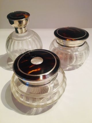 Silver And Tortoiseshell Cut Glass Perfume Vanity Bottle Set Birmingham 1921