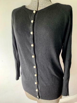 Vintage Chanel Black Cashmere Cardigan Sweater W/ Pearl Buttons Made In Scotland