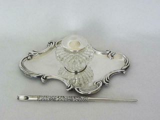 Antique Sterling Silver Ink Well Tray With Dip Pen Art Nouveau C 1900