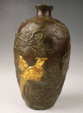 Rare Bronze Gilt Hand Carving Flower And Bird Statue Vase Qianlong System