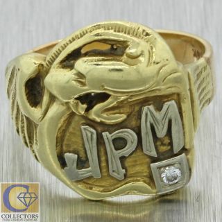 1920s Antique Art Nouveau Mens 14k Yellow Gold Jpm Initial Diamond Cocktail Ring