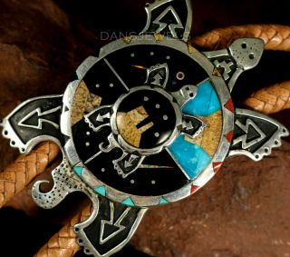 Huge Old Pawn Vintage Sterling Multi - Stone Turtle Turquoise Opal Inlay Bolo Tie
