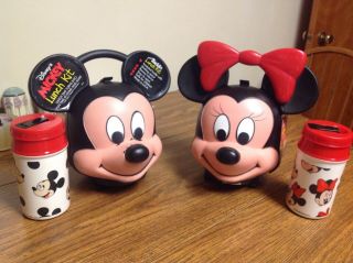 Disney Aladdin Mickey & Minnie Mouse Face Lunch Box Vintage Set W/ Thermos & Tag