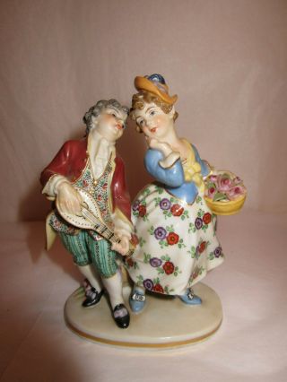 Antique 1800s German Porcelain Man Courting Woman With Basket Of Roses Figurine