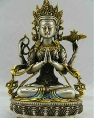 Tibet Tibetan Buddhism Silver Bodhisattva Four Arm Kwan Yin Buddha Statue