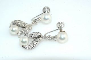 Elegant 14k White Gold Diamond Pearl 1 " Drop Earrings Vintage Screw Back