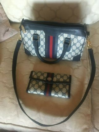 Authentic Vintage Gucci Canvas Navy Blue Boston Bag And Wallet