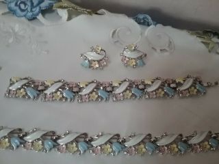 Multi Color Vintage Crown Trifari Floral Enamel Necklace Bracelet & Ear - Ring Set