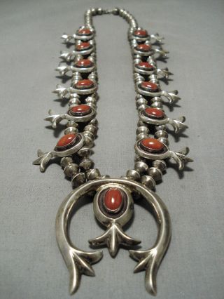 Heavy Vintage Navajo Domed Red Coral Sterling Silver Squash Blossom Necklace Old