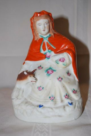 Antique Bisque Staffordshire Figurine Little Red Riding Hood And Wolf Lovely