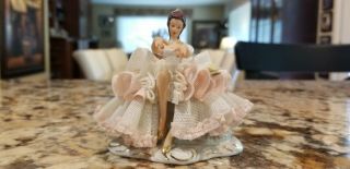 Ruffled Lace Porcelain Lady Figurine Sitting One Leg Up Dresden Germany