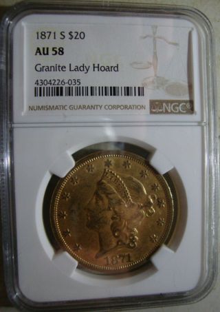 Rare Date 1871 - S $20 Gold Liberty Head Double Eagle - Ngc Au - 58 W/mint Luster,