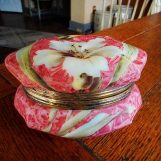 Antique C.  F.  Monroe Kelva Rosy Pink W/ Enamel Ivory Floral Lilies Dresser Box