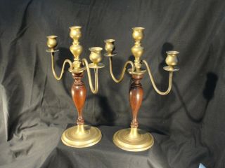 Antique Brass And Oak Candle Holders Elegant Substantial Pair