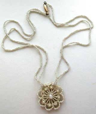 Rare & Delicate Antique Victorian Seed Pearl Flower Pendant Necklace 14k Clasp