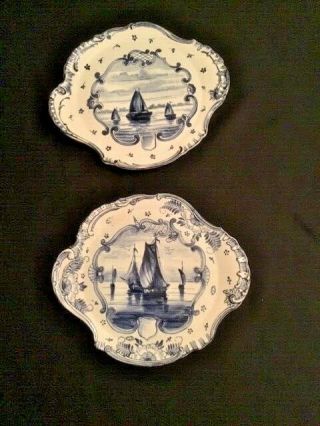 A Pair (2) Royal Bonn Delft Plates Sailboats Franz Mehlem Porcelain Plaque