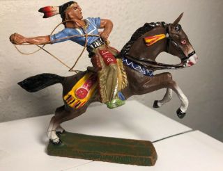 Vintage Elastolin Composite Indian On Horse With Rope Great Shape