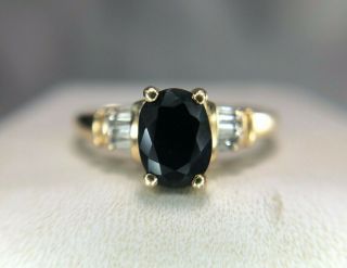 Estate Vintage 10k Yellow Gold Oval Dark Blue Sapphire Baguette Diamond Ring