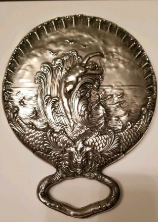 Unger Bros.  Sterling Silver Art Nouveau Hand Mirror Nude Sea Nymph On Waves